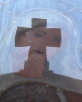 Reflection in a stained glass window