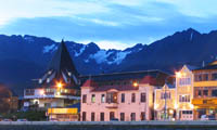 Martial glacier behind Ushuaia's tourist district at twilight